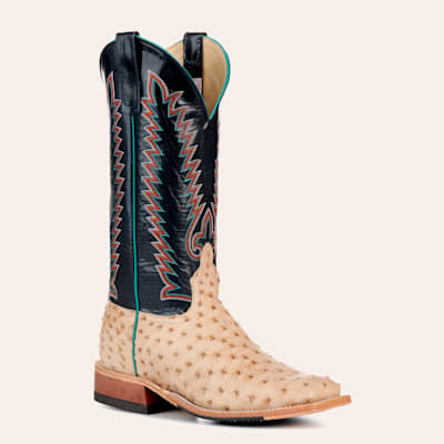 Anderson Bean Men's Navy and Tan Full Quill Ostrich Hybrid Wide Square Toe Exotic Cowboy Boots