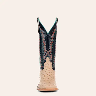 Anderson Bean Men's Navy and Tan Full Quill Ostrich Hybrid Wide Square Toe Exotic Cowboy Boots