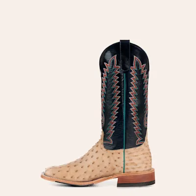 Anderson Bean Men's Navy and Tan Full Quill Ostrich Hybrid Wide Square Toe Exotic Cowboy Boots
