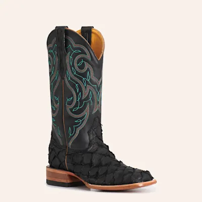 Cavender's Women's Horseman Black Pirarucu & Leather Wide Square Toe Cowboy Boots