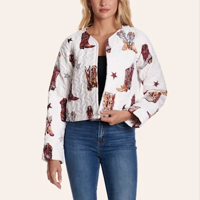 Ida Mae Home Women's White & Maroon Thunderbird Boots Quilted Cropped Jacket