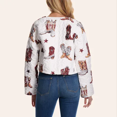 Ida Mae Home Women's White & Maroon Thunderbird Boots Quilted Cropped Jacket