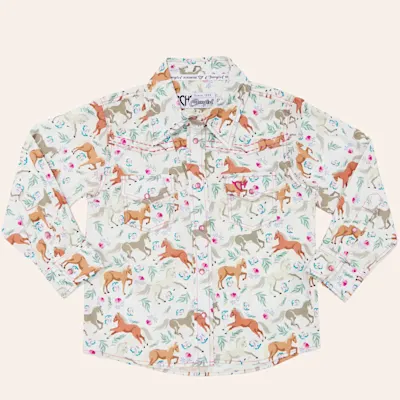 Cowgirl Hardware Toddler Girls' White Horse & Flower Print Long Sleeve Pearl Snap Western Shirt