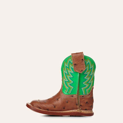 Roper Infant Buddy Neon Green and Cognac Ostrich Print Square Toe Cowboy Boots