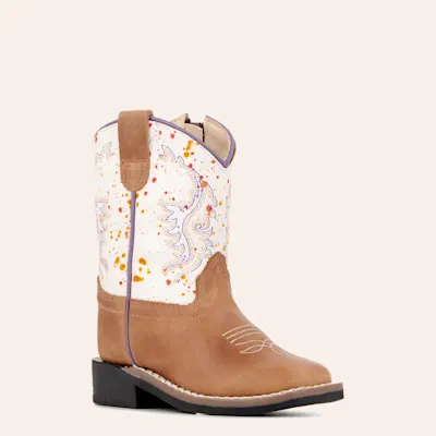 Old West Toddler Light Brown and Rainbow Crackle Wide Square Toe Cowboy Boots