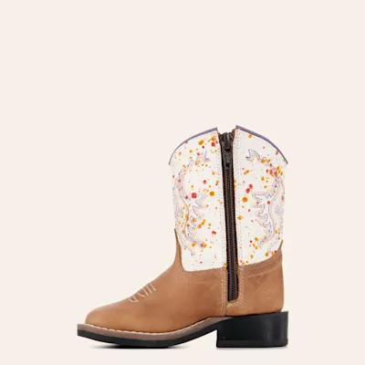 Old West Toddler Light Brown and Rainbow Crackle Wide Square Toe Cowboy Boots