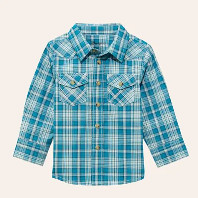 Wrangler Toddler Boys' Turquoise Plaid Print Long Sleeve Pearl Snap Western Shirt