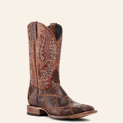 Cavender's Men's Rust and Cigar Caiman Patchwork Wide Square Toe Exotic Cowboy Boots