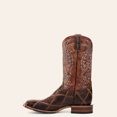 Cavender's Men's Rust and Cigar Caiman Patchwork Wide Square Toe Exotic Cowboy Boots