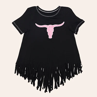 Cowgirl Hardware Girls' Tooled Black & Pink Steer Skull Fringe Top