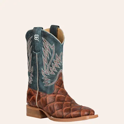 Anderson Bean Kids Horse Power Cognac Fish Print and Green Wide Square Toe Cowboy Boot