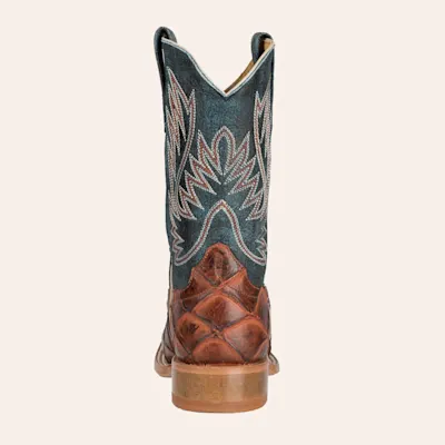 Anderson Bean Kids Horse Power Cognac Fish Print and Green Wide Square Toe Cowboy Boot