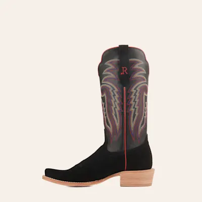 R Watson Men's Black Rough Out and Black Punchy Square Toe Cowboy Boots