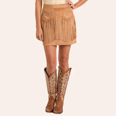 Rock & Roll Denim Women's Camel Faux Suede Fringe Skirt
