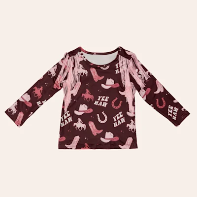 Shea Baby Toddler Girls' Multicolor Yeehaw Cowgirl Print Fringed Long Sleeve Top