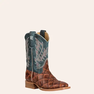Anderson Bean Youth Horse Power Cognac Fish Print and Green Wide Square Toe Cowboy Boot