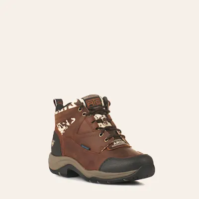 Ariat Women's Terrain Distressed Brown and Cow Print Waterproof Round Toe Lace Up Shoe