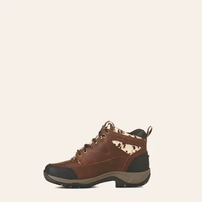 Ariat Women's Terrain Distressed Brown and Cow Print Waterproof Round Toe Lace Up Shoe