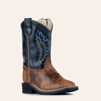 Old West Toddler Burnt Tan and Navy Blue Wide Square Toe Cowboy Boots