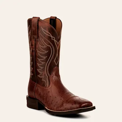 Ariat Men's Reckoning Nut Brown and Dark Tabac Smooth Quill Ostrich Shock Shield Wide Square Toe Exotic Cowboy Boot