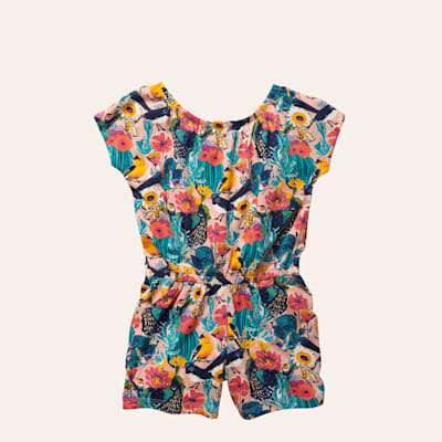 Wrangler Girl's Peach & Colorful Desert Cactus & Bird Print Short Sleeve Romper