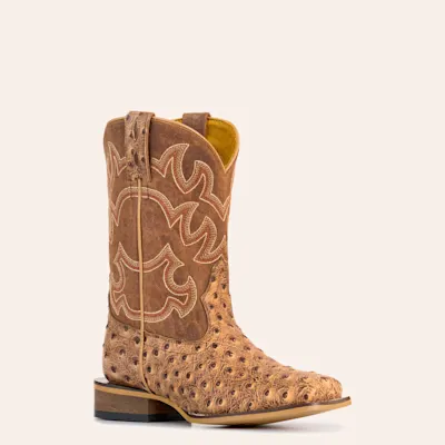 Cavender's Kids' Camel Ostrich Print and Brown Wide Square Toe Cowboy Boots