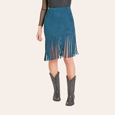 Rock & Roll Denim Women's Teal Blue Microsuede Fringe Skirt