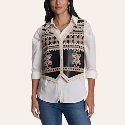 Merigold Kiss Women's Black Embroidered Leather Vest