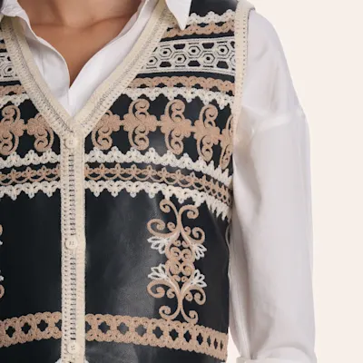 Merigold Kiss Women's Black Embroidered Leather Vest