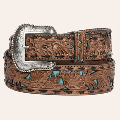 Nocona Men's Tan and Turquoise Inlay Floral Western Belt