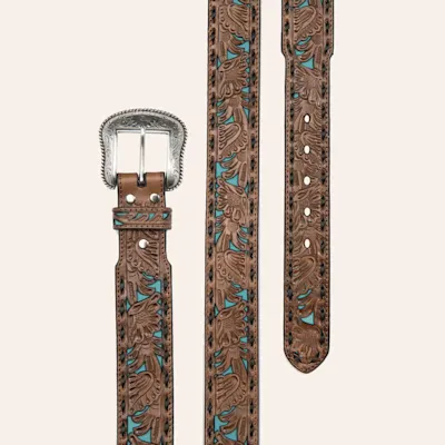 Nocona Men's Tan and Turquoise Inlay Floral Western Belt 2 Nocona Men's Tan and Turquoise Inlay Floral Western Belt