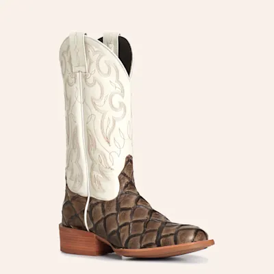 Cavender's Women's Shadow Brown Pirarucu Print & White Intrepid Wide Square Toe Cowboy Boots