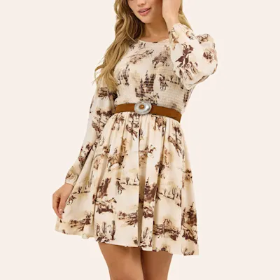 Wrangler Retro Women's Cream Western Print Smocked Dress
