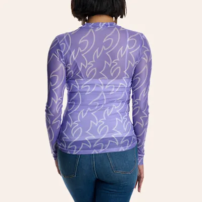 Blue B Women's Purple Boot Stitch Print Long Sleeve Mesh Top