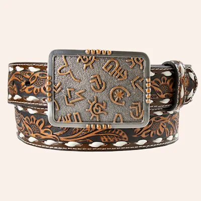Angel Ranch Women's Brown Floral Tooled Buckstitch Brand Buckle Belt