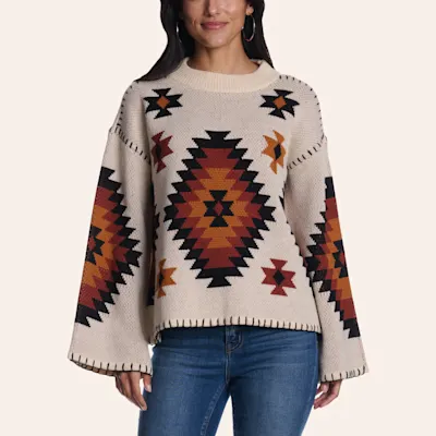 Rockin' C Women's Cream & Rust Aztec Whipstitch Sweater