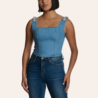 Blue B Women's Blue Crystal Strap Denim Tank Top
