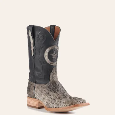 Black Jack Men's Natural Caiman Hornback and Black with Star Inlay Wide Square Toe Exotic Cowboy Boots