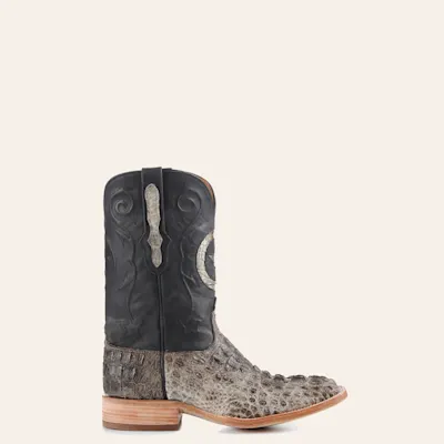 Black Jack Men's Natural Caiman Hornback and Black with Star Inlay Wide Square Toe Exotic Cowboy Boots