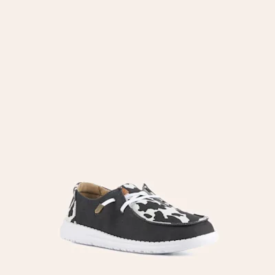 Hey Dude Women's Wendy Animal Black and White Cow Print Moc Toe Lace Up Casual Shoes