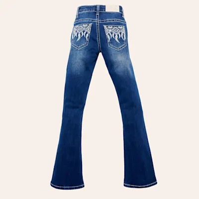 Rockin' C Girls' Medium Wash Aztec Feathers Embroidered Bootcut Jeans