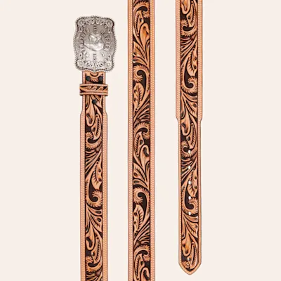 Rafter C Men's Brown Floral Tooled Leather & Silver Buckle Western Belt