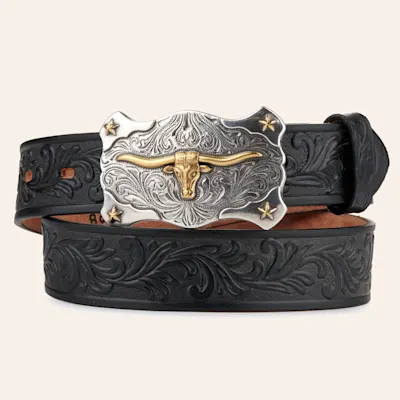 Tony Lama Kids' Black with Texas Longhorn Buckle Tooled Belt