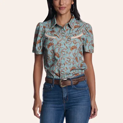 Merigold Kiss Women's Blue Cowboy Hat & Rope Print Pearl Snap Western Shirt