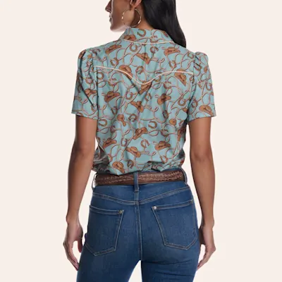 Merigold Kiss Women's Blue Cowboy Hat & Rope Print Pearl Snap Western Shirt