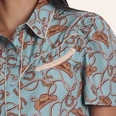 Merigold Kiss Women's Blue Cowboy Hat & Rope Print Pearl Snap Western Shirt