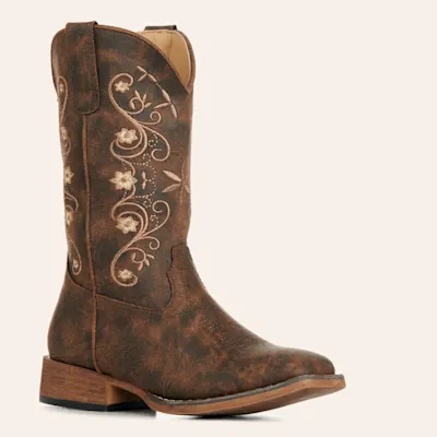 Roper Kids' Bailey Brown & Tan Embroidered Faux Leather Wide Square Toe Cowboy Boots