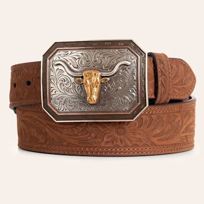Ariat Men's Brown Floral Embossed Longhorn Buckle Belt