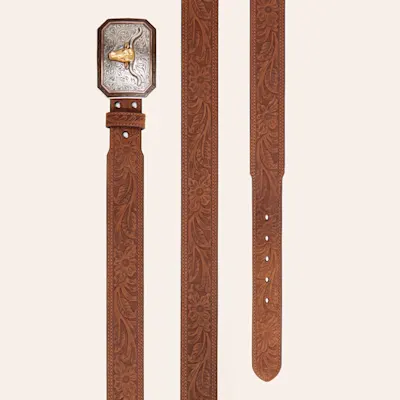 Ariat Men's Brown Floral Embossed Longhorn Buckle Belt