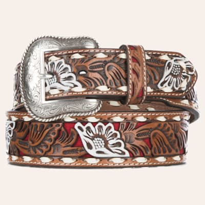 Nocona Men's Brown Genuine Leather Floral with Red Painted Inlay Western Belt